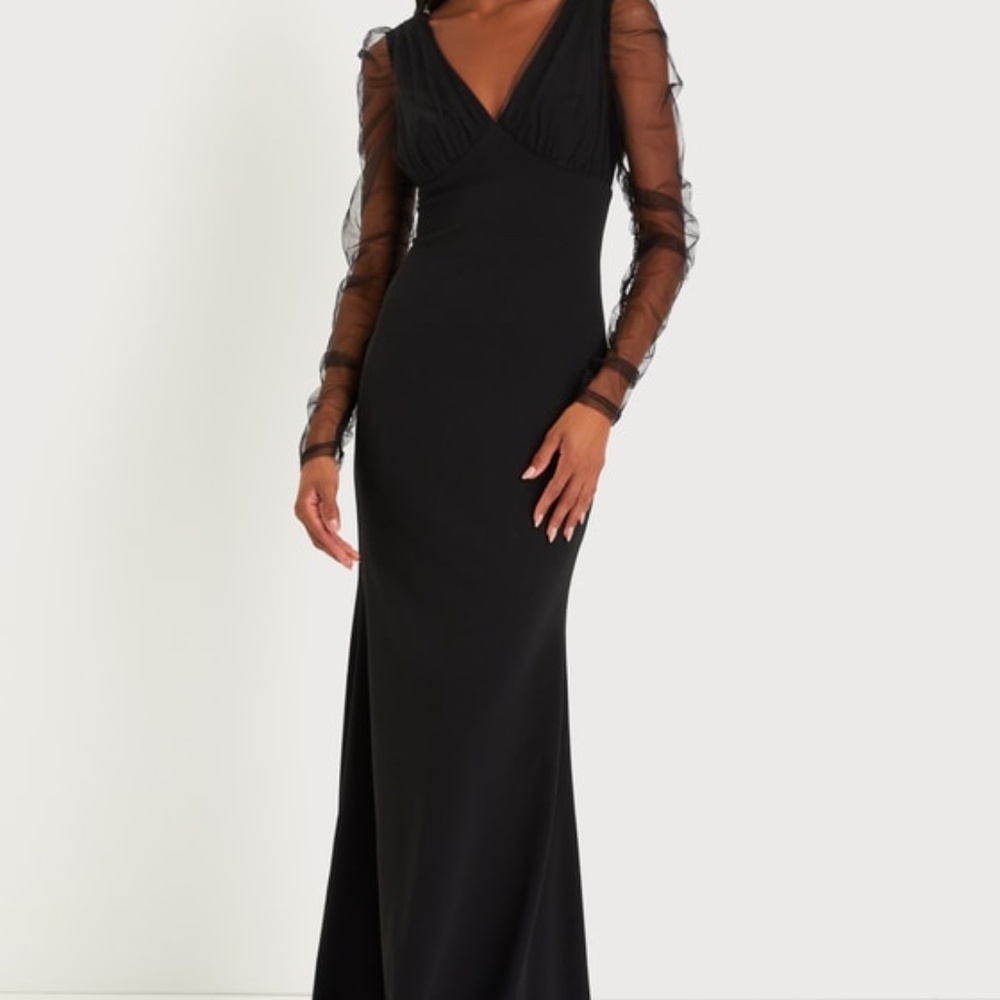 Lulus Red Carpet Energy Black Tulle Long Sleeve Mermaid Maxi Dress - Size XS